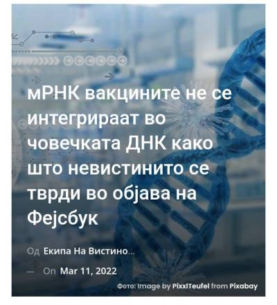 мРНК вакцините не се интегрираат во човечката ДНК како што невистинито се тврди во објава на Фејсбук